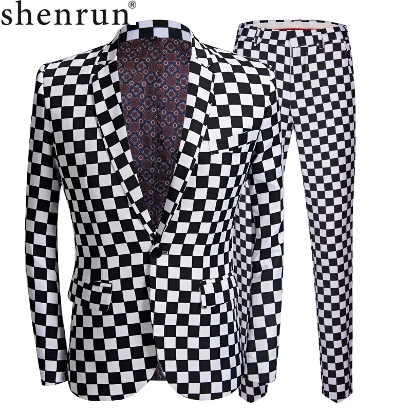 Top Trends: SHENRUN Fashion Suit Men Black White Plaid Print 2 Pieces Set Latest Coat Pant Designs Wedding Stage Singer Slim Fit Costume Shoppable Styles