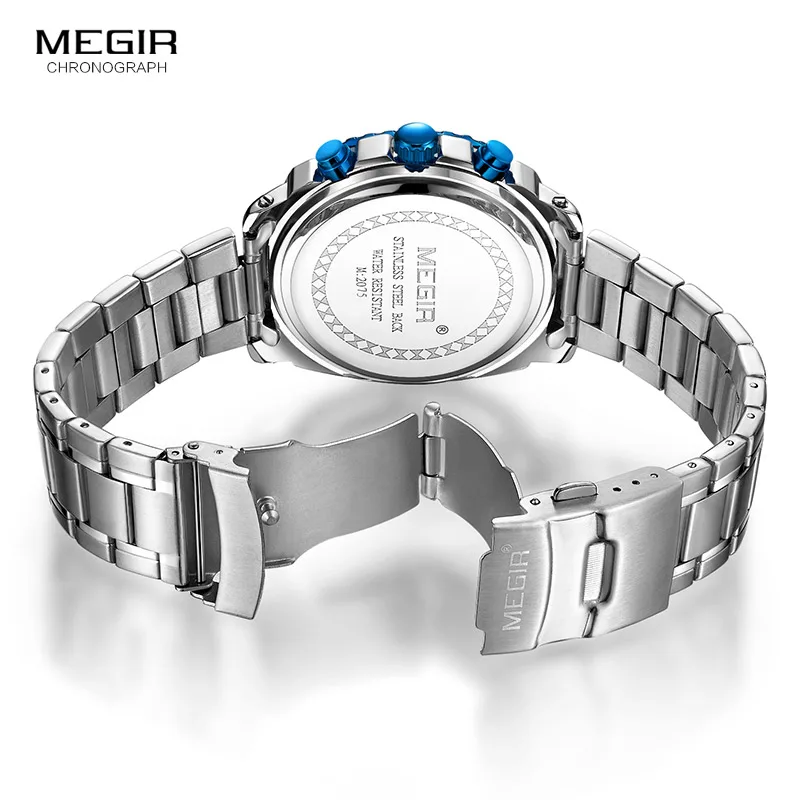 Top Trends: MEGIR Men's Blue Dial Chronograph Quartz Watches Fashion Stainless Steel Analogue Wristwatches For Man Luminous Hands 2075G-2 Shoppable Styles - Image 6