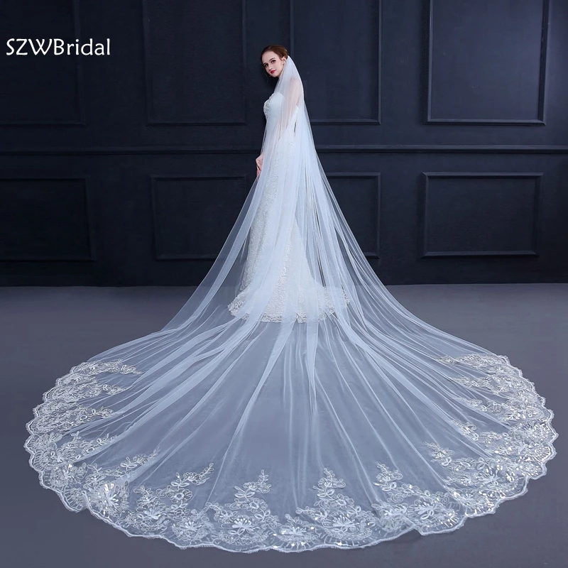 Top Trends: 3 Meter White Ivory Cathedral Wedding Veils Long Lace Edge Bridal Veil With Comb Wedding Accessories Bride Veu Wedding Veil Shoppable Styles