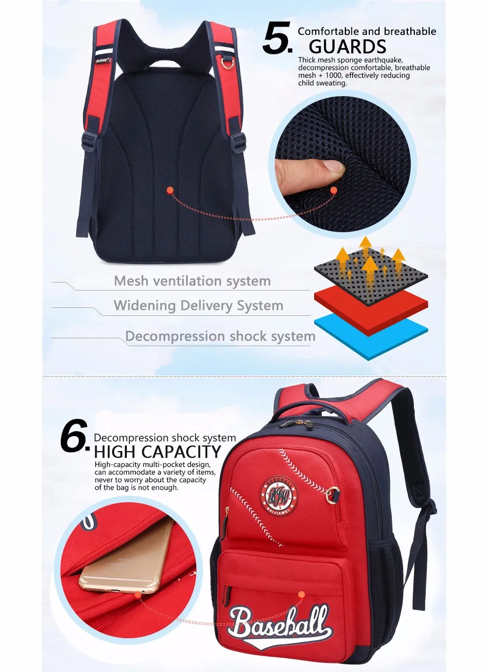 punane seljakott mustade rihmadega ja baseball-kirjaga