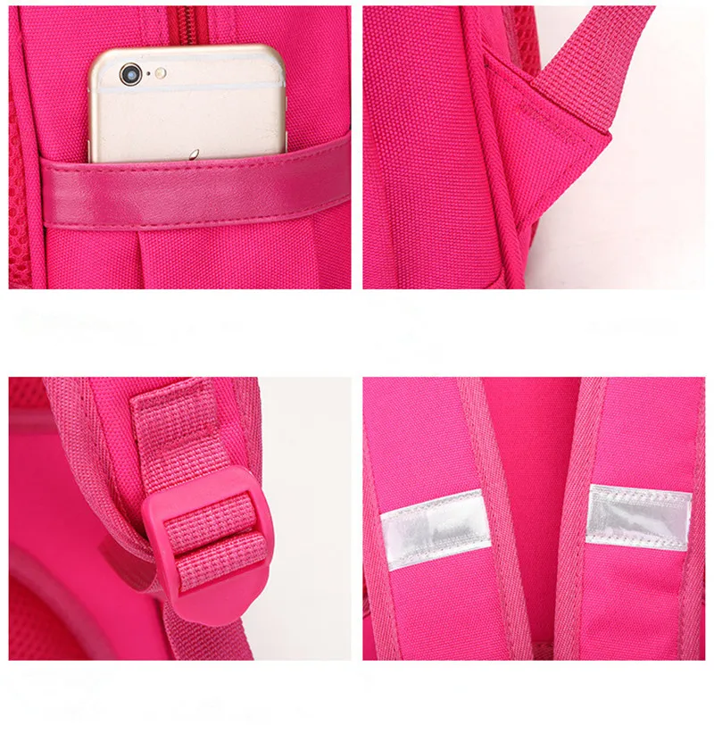 roosa koolikott tasku, rihmade ja helkurdetailidega