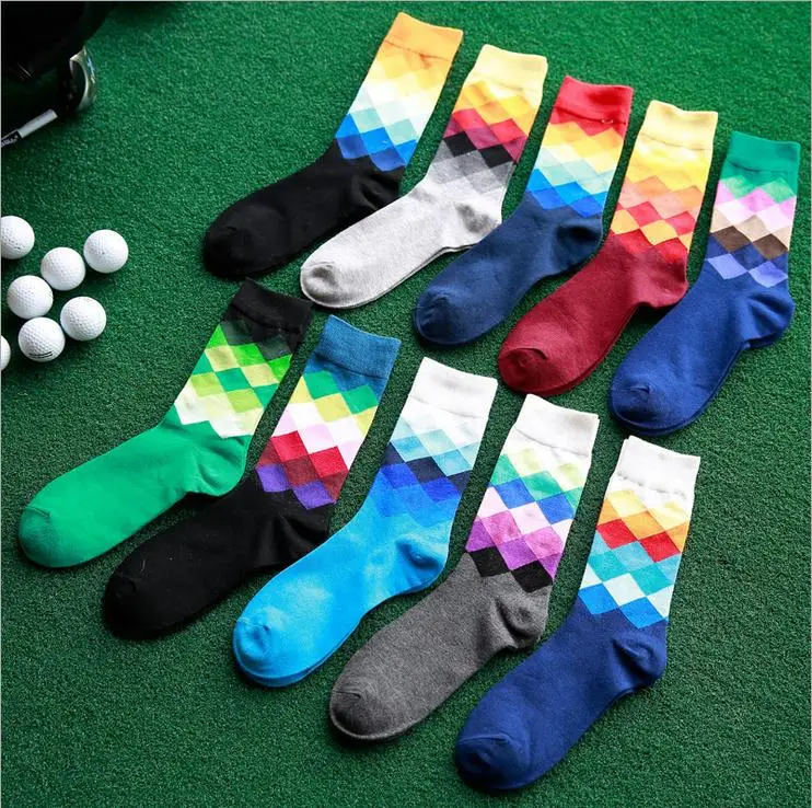 Top Trends: 10 Pairs / Lot Men's Socks British Style Plaid Calcetines Gradient Color Brand Elite Long Cotton For Happy Men Wholesale Socks Shoppable Styles