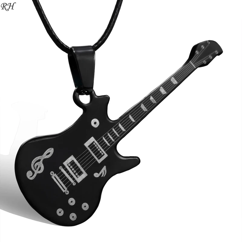 Top Trends: Fashion 316L Stainless Steel Guitar Necklace For Men Pendants Leather Chain Men Necklaces Shoppable Styles