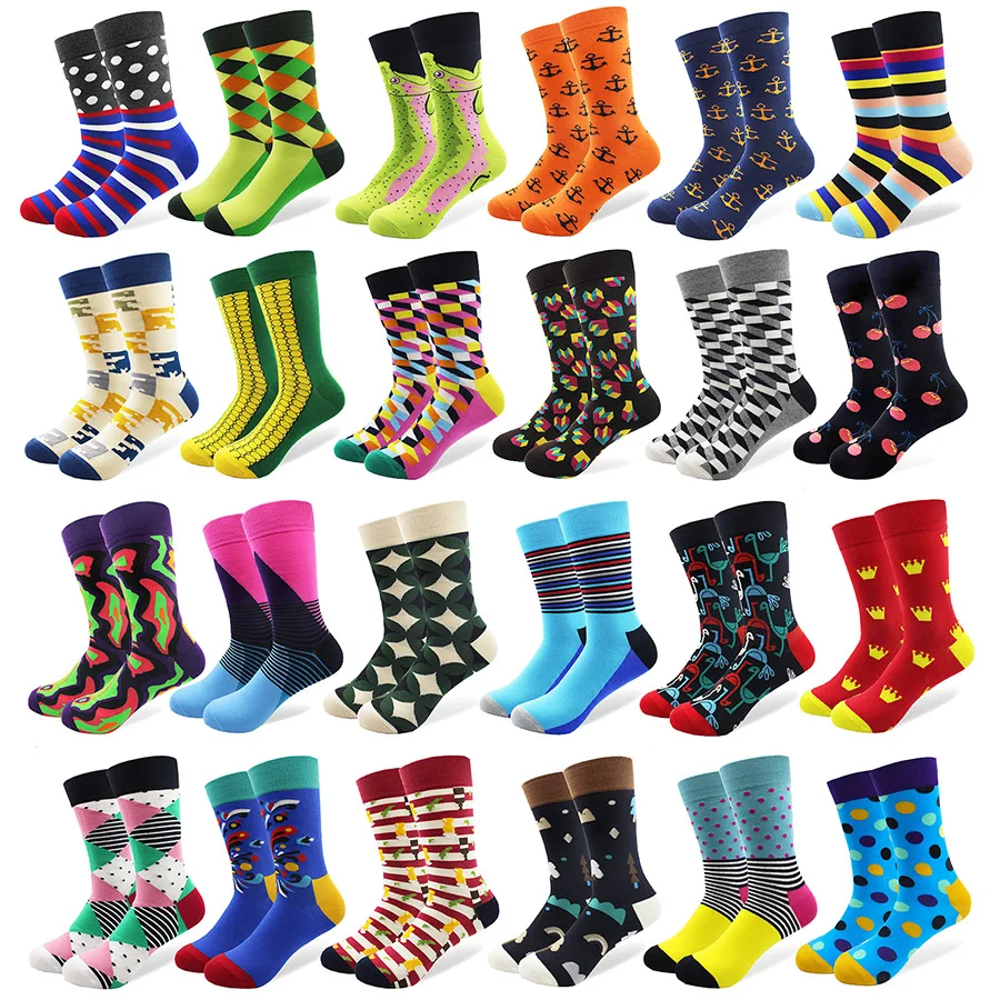 Top Trends: 1 Pair Male Cotton Socks Colorful Striped Jacquard Art Socks Multi Pattern Long Happy Funny Skateboard Socks Men&#039;s Dress Sock Shoppable Styles