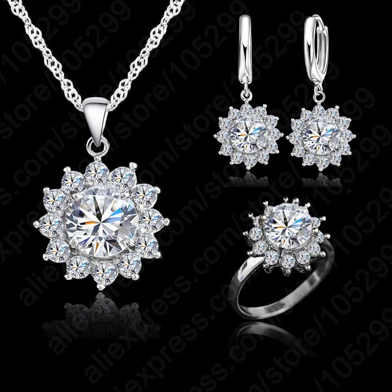 Top Trends: New Fashion Flower Sun Cubic Zirconia Newest Genuine Silver Jewelry Sets Earrings Pendant Necklace Rings Size6-9 Shoppable Styles