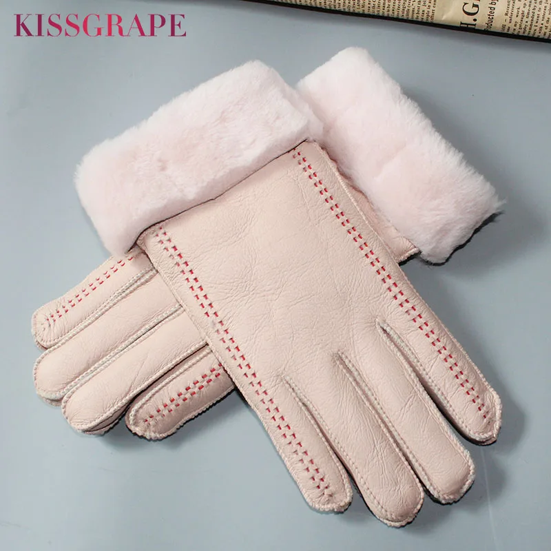 Top Trends: Super Warm Women's Genuine Leather Sheepskin Gloves Winter Female Outdoor Ski Motorcycle Gloves Ladies Sheep Fur Gloves Finger Shoppable Styles