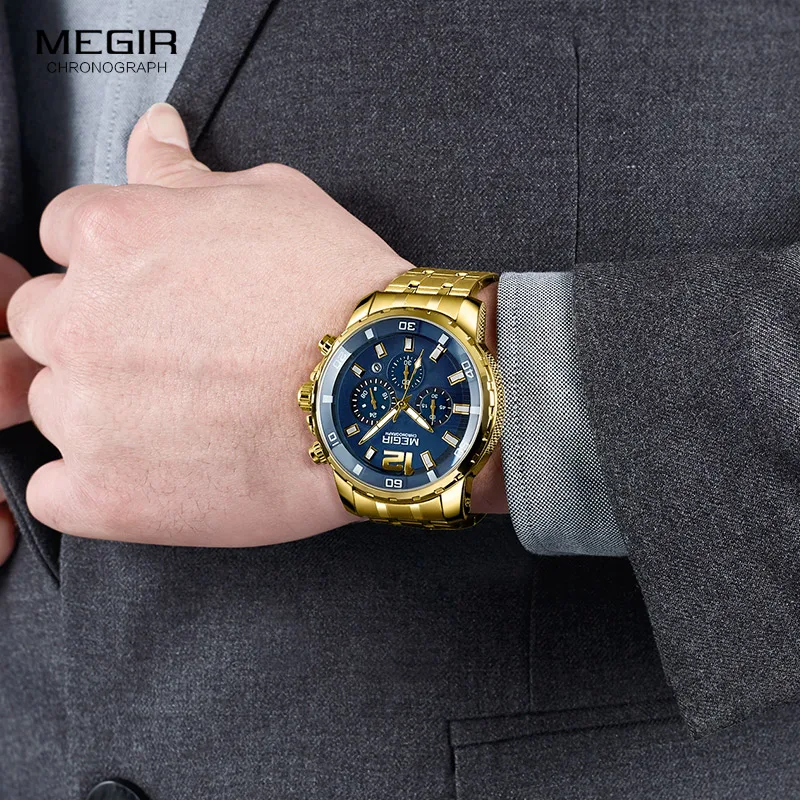 Top Trends: Megir Men's Gold Stainless Steel Quartz Watches Business Chronograph Analgue Wristwatch For Man Waterproof Luminous 2068GGD-2N3 Shoppable Styles - Image 4