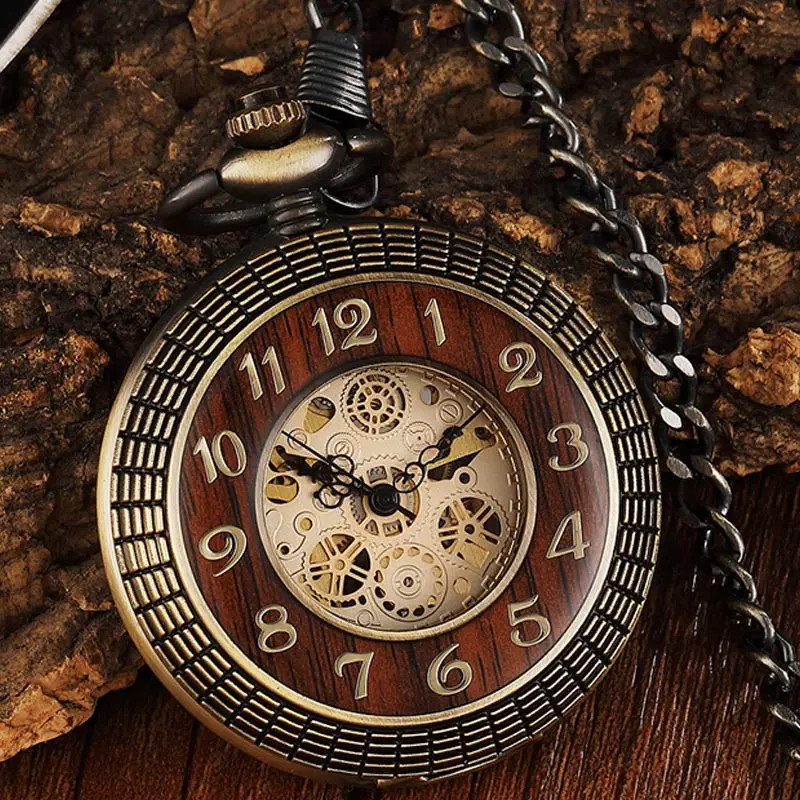 Top Trends: Vintage Wood Circel Gear Dial Bronze Antique Old Mechanical Pocket Watch Men Engraved Fob Hand Wind Steampunk Male Gifts Clock Shoppable Styles