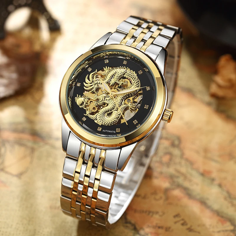 Top Trends: Luxury Gold Dragon Skeleton Automatic Mechanical Watches Men's Wristwatch Stainless Steel Black Clock Waterproof Male Cool Reloj Shoppable Styles - Image 5