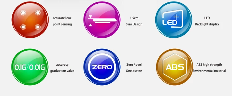 kuus värvilist ikooni, mis tutvustavad köögikaalu omadusi nagu täpsus, õhuke disain ja LED ekraan