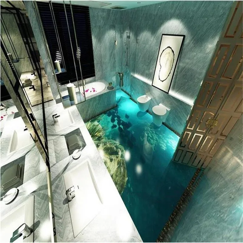 3D meremaailma põrandakate vannitoas, millel on veealune efekt ja kilpkonna kujutis