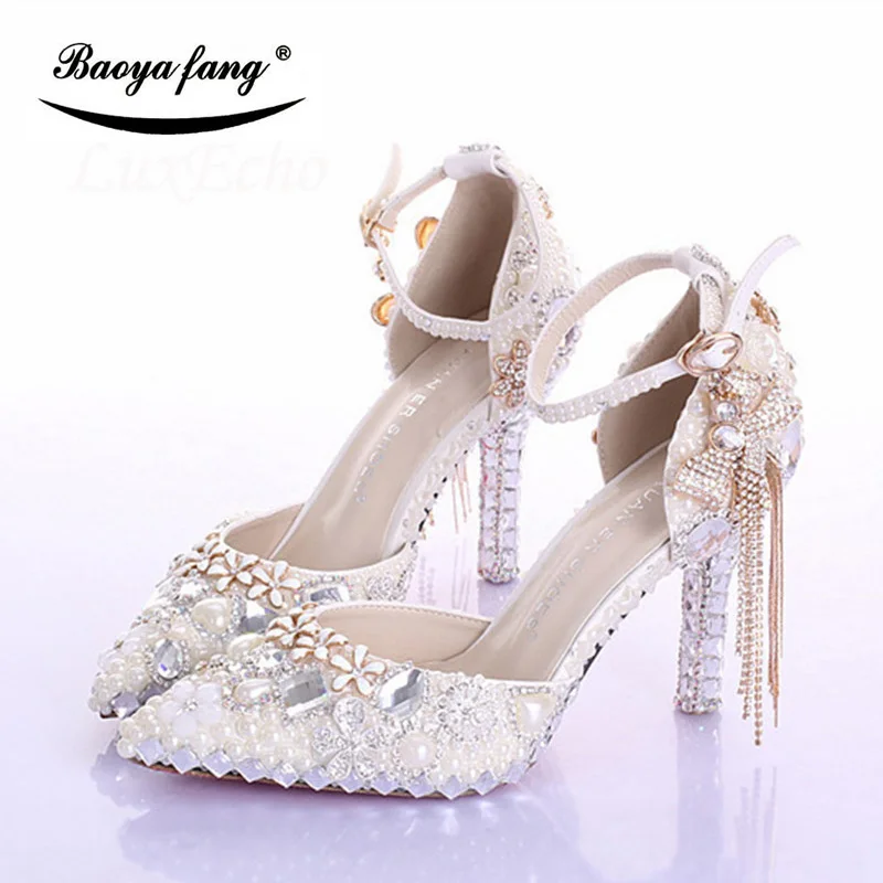 Top Trends: Womens Wedding Shoes Fashion Sandals Woman Thin Heel Tassel Crystal Party Dress Shoes Woman High Pumps Ivory Pearl Shoppable Styles