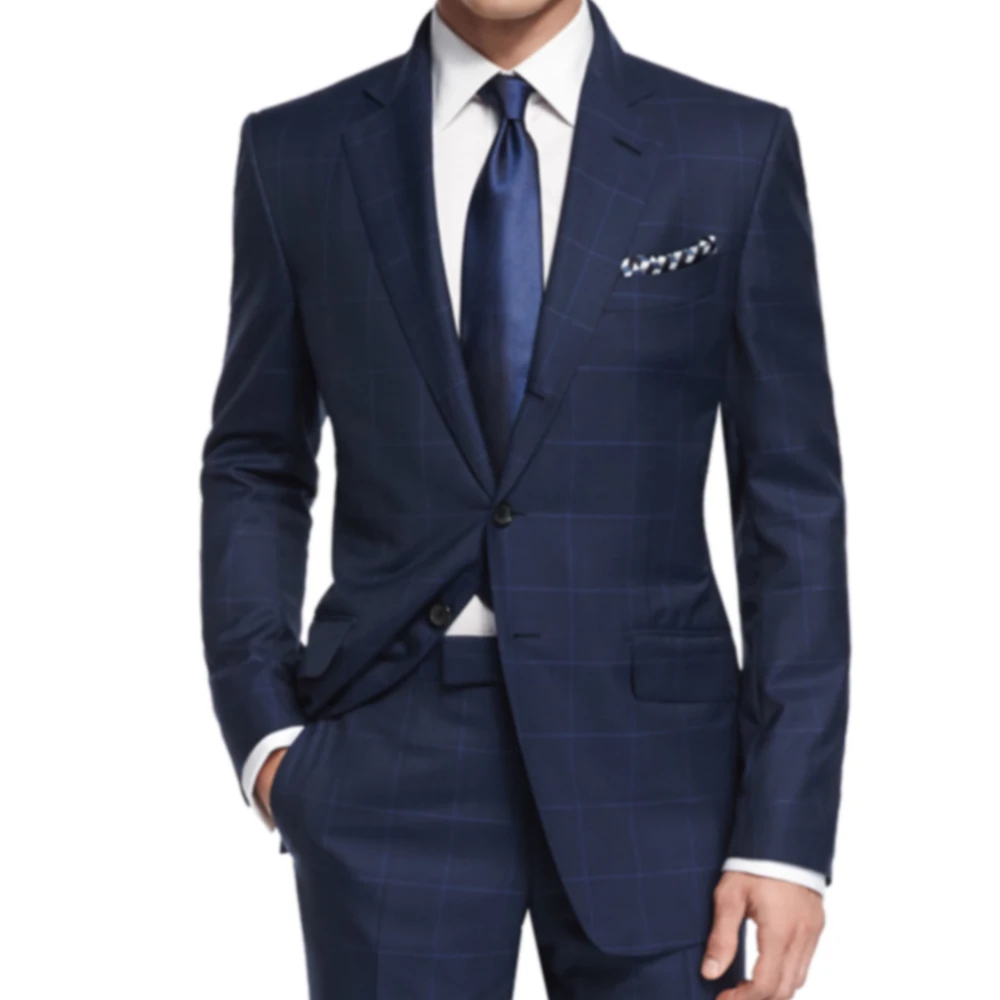 Top Trends: Luxury Navy Plaid Suit Men Custom Made Wool Blend Business Suits With Bemberg Lining, Bespoke Tailore Casual Windowpane Blue Suit Shoppable Styles