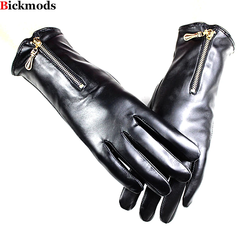 Top Trends: Touch Screen Sheepskin Leather Gloves Women&#039;s Fashion Zipper Style Velvet Lined Autumn And Winter Warm Finger Gloves Shoppable Styles