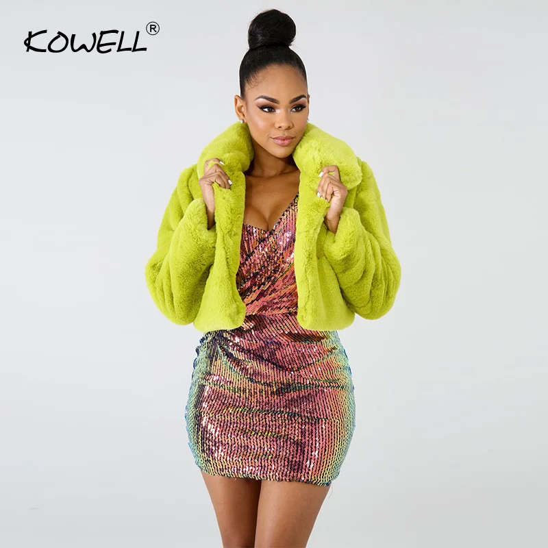 Top Trends: Hot Sale 2019 Fashion Lime Green Short Faux Fur Coat Winter Neon Fluorescent Warm Cardigan Cropped Jacket Fluffy Teddy Coats Shoppable Styles