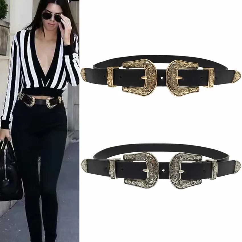 Top Trends: New Hot Fashion Vintage Carved Design Alloy Metal Leather Belts For Women Double Buckle Waist Belt Waistband High Quality Female Shoppable Styles