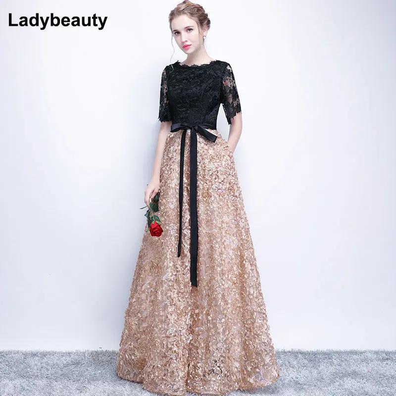 Top Trends: Ladybeauty Vintage Black A-Line Lace Long Evening Dresses Half Sleeves Beaded Scoop Neck Long Appliques Evening Dress Prom Dress Shoppable Styles