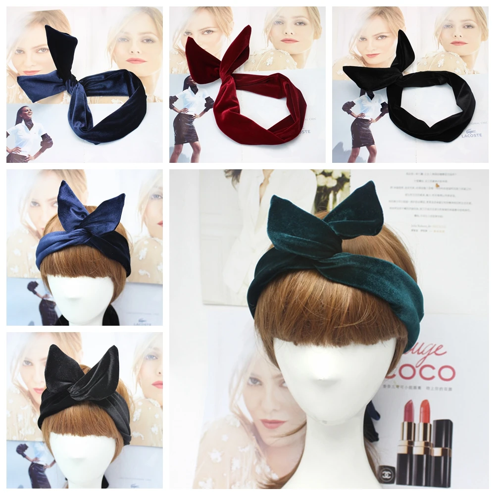 Top Trends: 1pcs Velvet Bunny Wire Wrap Headband Hair Band For Women Girls Hair Accessories Rabbit Ear Turban Bandage On Head Bandana Shoppable Styles