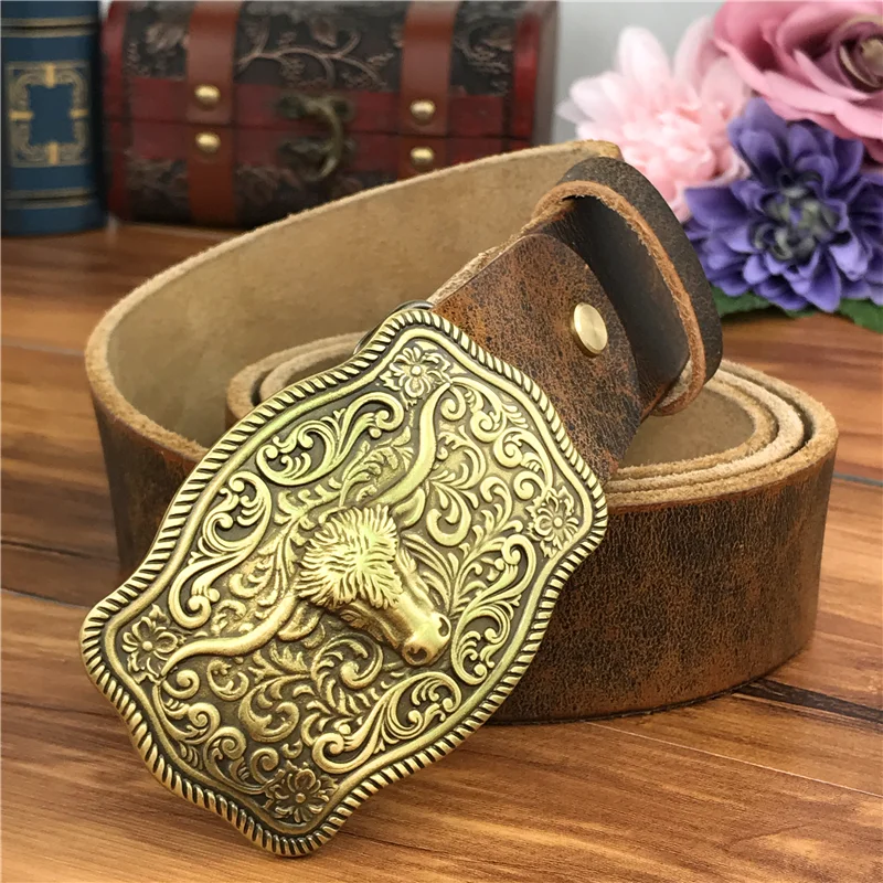 Top Trends: Brass Cowboy Belt Buckle Luxury Men Leather Belt Ceinture Homme Yellow Belts For Men Wide Male Strap Jeans Waist MBT0537 Shoppable Styles