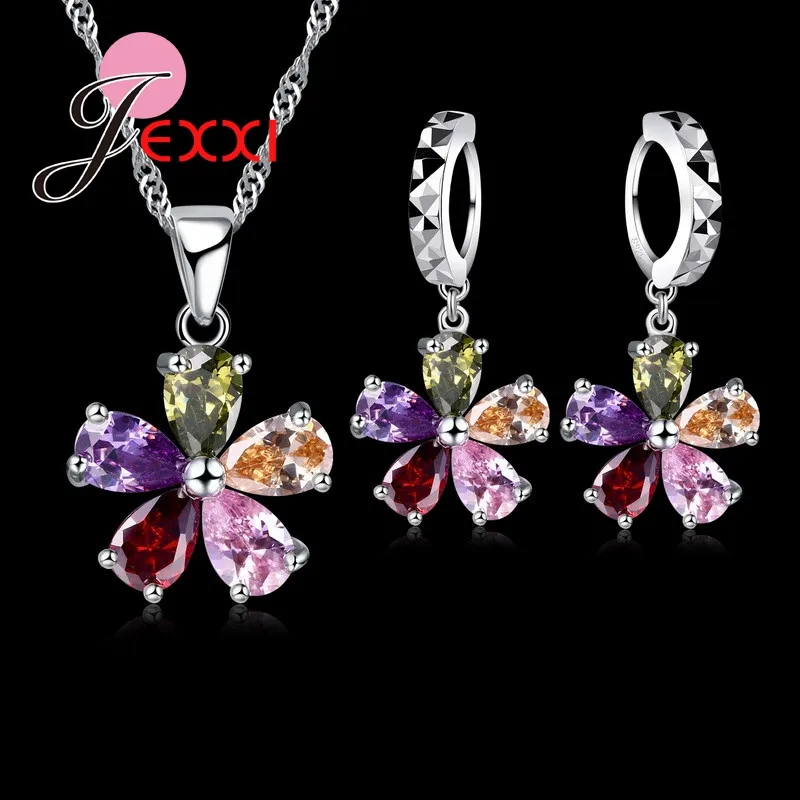 Top Trends: 5 Color Petal 925 Sterling Silver Pendant Necklace Earrings Ear Sets Wedding Bridal Cubic Zirconia Crystal Jewelry Sets Shoppable Styles