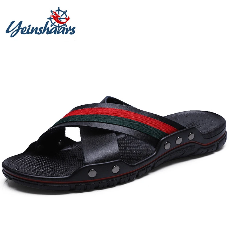 Top Trends: YEINSHAARS Brand 2023 Summer Men Slippers Fashion Leather Cross Strap Beach Water Shoes Men High Quality Slippers Big Size:38-47 Shoppable Styles