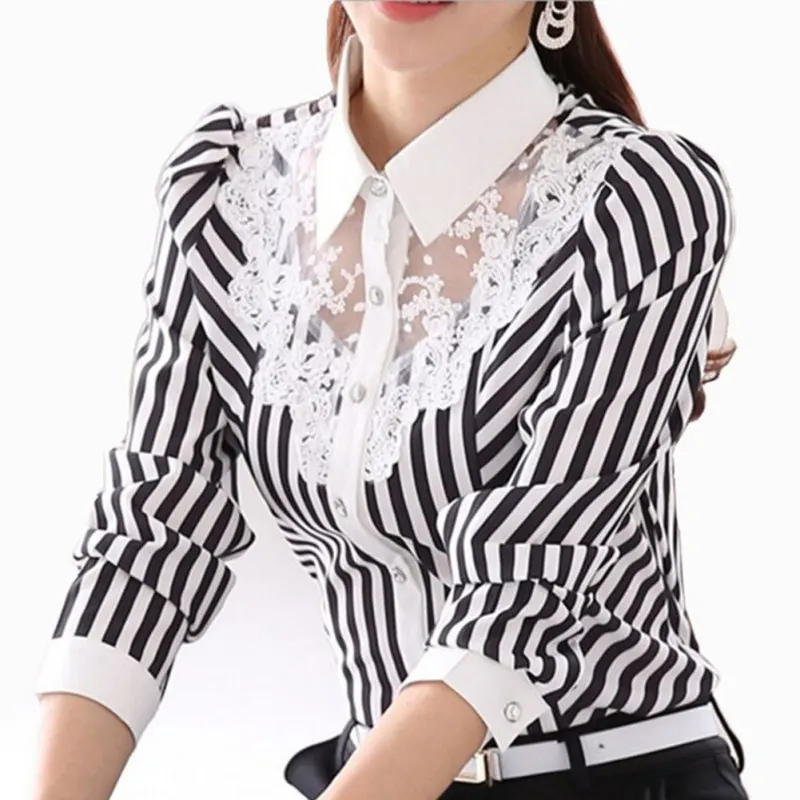 Top Trends: Women Blouse Long Sleeve Lace Tops Striped Turn-Down Collar Blouses Official Female Formal Shirt Spring Autumn Shoppable Styles