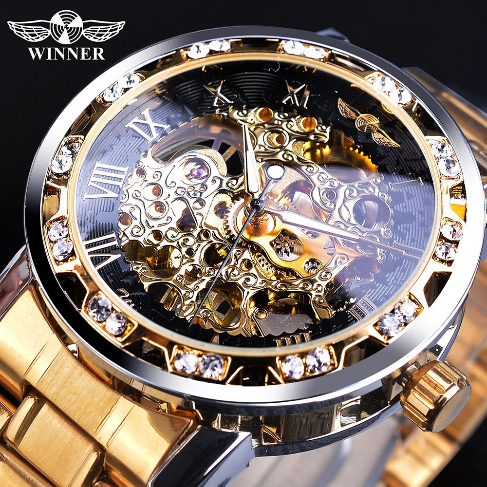 Top Trends: Winner Golden Watches Classic Rhinestone Clock Roman Analog Male Skeleton Clocks Mechanical Stainless Steel Band Luminous Watch Shoppable Styles