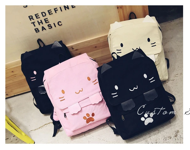 Top Trends: Cute Cat Canvas Backpack Cartoon Embroidery Backpacks For Teenage Girls School Bag Casual Black Printing Rucksack Shoppable Styles