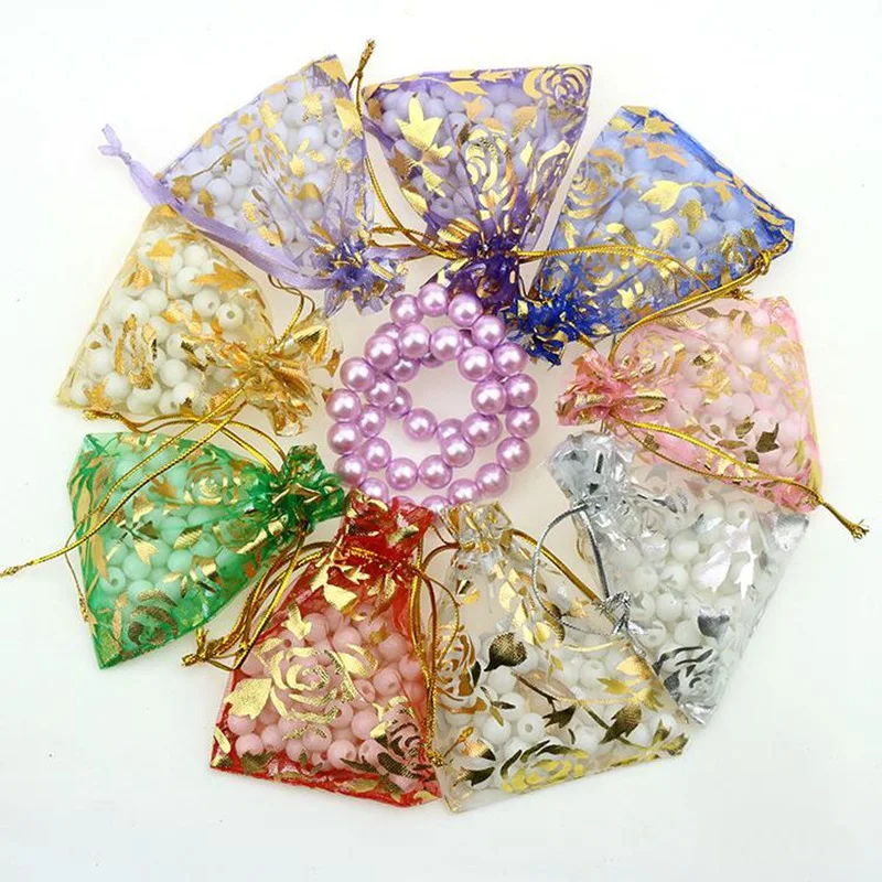 Top Trends: 50Pcs / lot 7X9cm 9X12cm 11X16cm 13X18cm Gold Love Heart Rose Organza Bag Wedding Voile Gift Christmas Bags Jewelry Packing Shoppable Styles