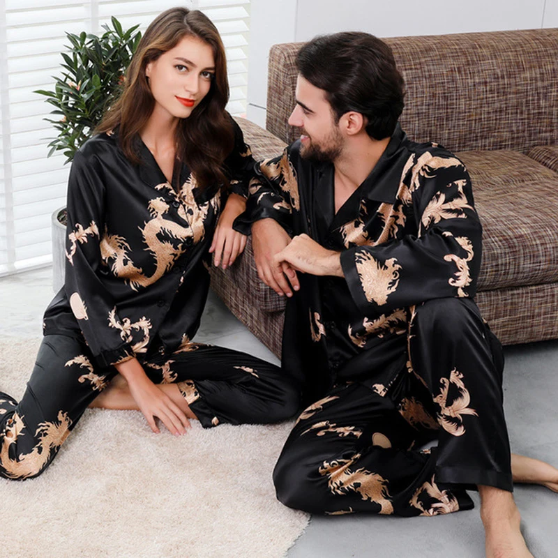 Top Trends: Couple Silk Satin Pajamas Pyjamas Set Long Sleeve Sleepwear Pijama Pajamas Suit Women And Man Sleep 2PC Set Loungewear Shoppable Styles