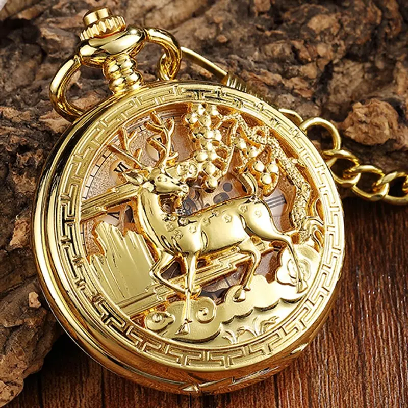 Top Trends: Golden Hollow Deer Pattern Mechanical Pocket Watch Vintage Double Side Steampunk Fob Clock Male Necklace Watch Chain Women Men Shoppable Styles