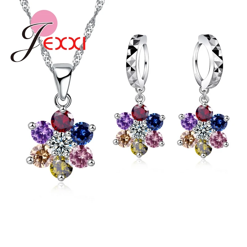 Top Trends: Trendy Girls Pendant Set Colorized Crystal 925 Sterling Silver Pendant Necklace Earrings Women Flowers Jewelry Set Shoppable Styles