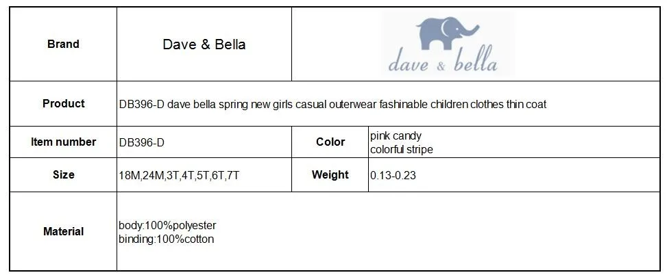 DB396-D dave bella spring new girls casual outerwear fashinable children clothes thin coat