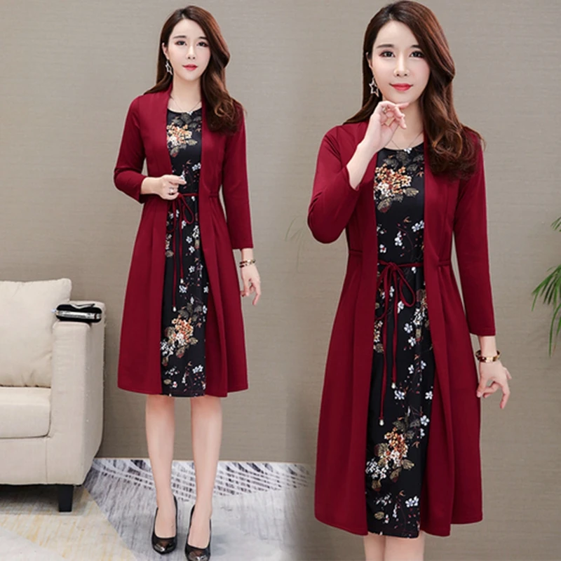 Top Trends: Casual Knee-Length Dress Women Long Sleeve Flower Print Autumn Winter Dress Office Lady Loose Elegant Midi Dress Female Vestidos Shoppable Styles