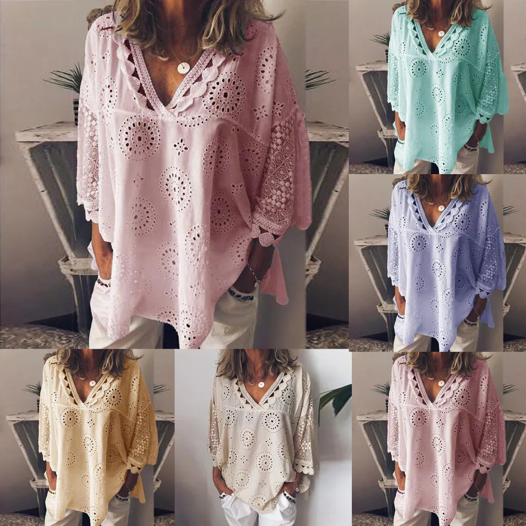 Women Blouse Hollow Out Lace Patchwork Geometry V-neck Summer Shirt