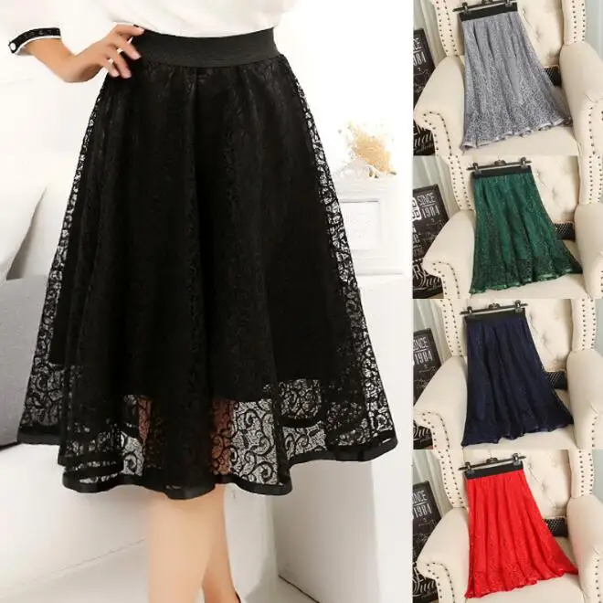 Top Trends: 2022 Vintage Summer Midi Skirts Womens Elastic High Waist Tulle Lace Skirt Long Pleated A-line Skirt Women Shoppable Styles