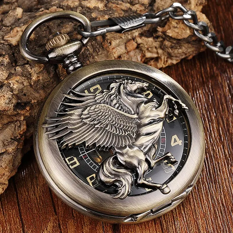 Top Trends: Reloj Retro Wing Horse Mechanical Pocket Watch Hand Winding Pendant Chain Fob Watch Vintage Necklace Hollow For Men Boys Gift Shoppable Styles