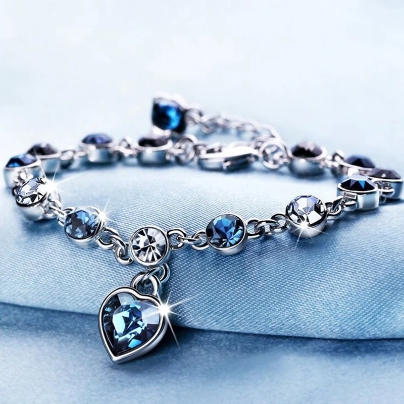 Top Trends: Women Silver Color Lucky Bracelet Female Blue Crystal Heart Charm Pulseras Bracelet Bridal Wedding Engagement Fine Jewelry Gift Shoppable Styles