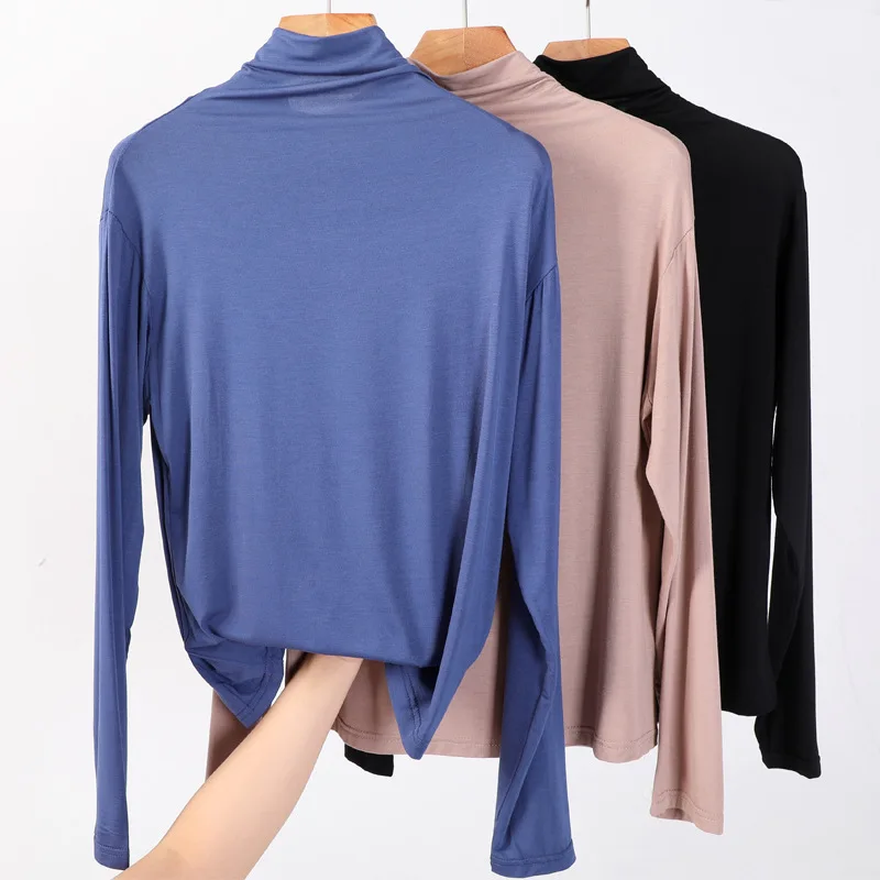 Top Trends: Soft Cotton Long Sleeve Solid Turtleneck T-shirt Women High Stretch Slim Tops Spring Autumn Skinny Basic Bottoming Tshirt Tight Shoppable Styles