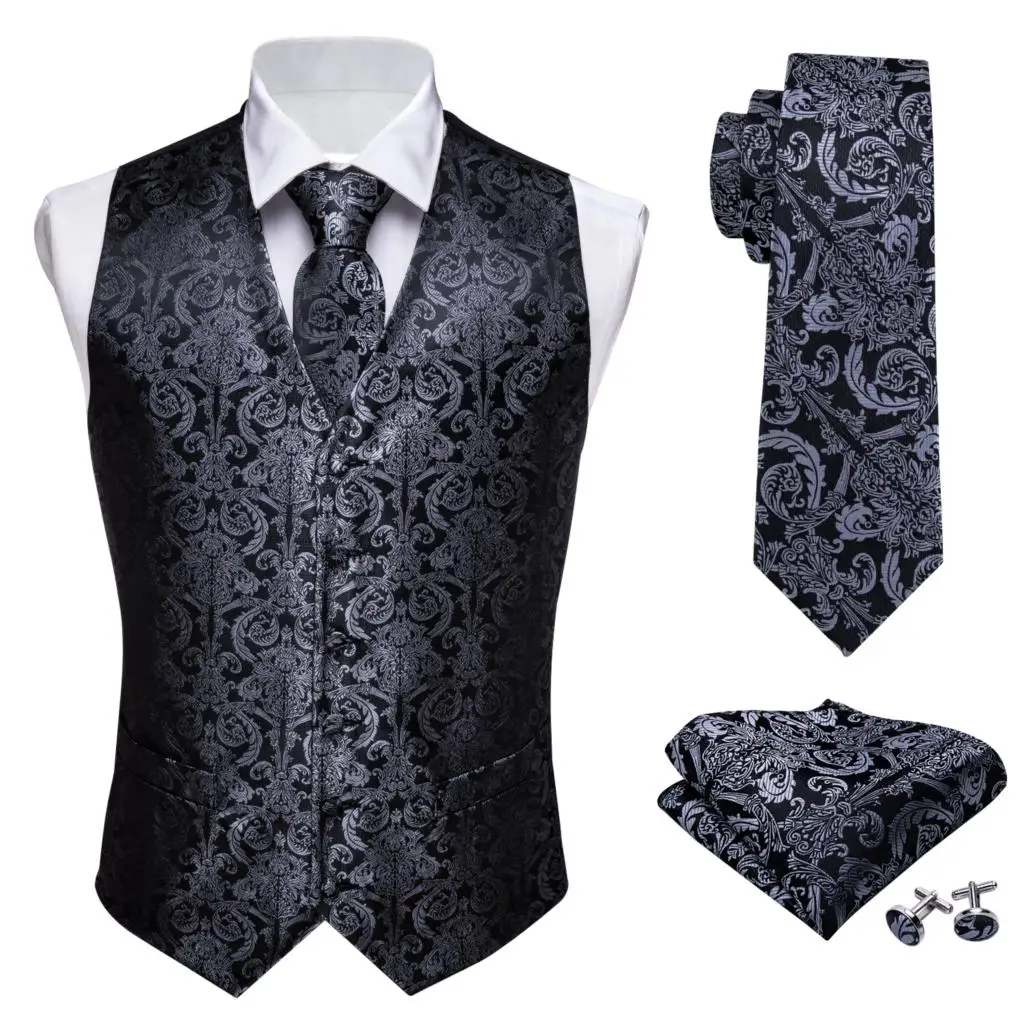 Top Trends: Designer Mens Classic Black Paisley Jacquard Folral Silk Waistcoat Vests Handkerchief Tie Vest Suit Pocket Square Set Barry.Wang Shoppable Styles