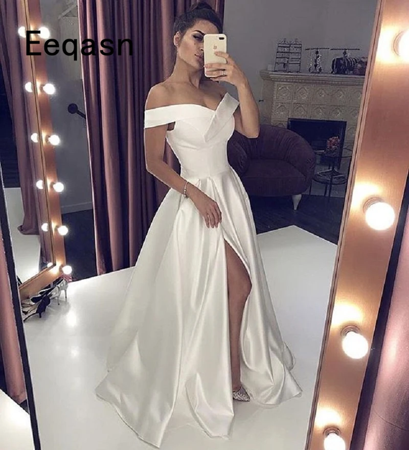 Top Trends: Sexy V Neck Long White Prom Dress With High Split Elegant A-line Woman Off The Shoulder Special Occasion Formal Gowns Shoppable Styles