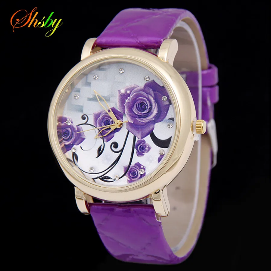 Top Trends: Shsby Brand Purple Flowers Leather Strap WristWatches Fashion Ladies Rhinestone Quartz Watch Women Dress Watches Girl&#039;s Gift Shoppable Styles