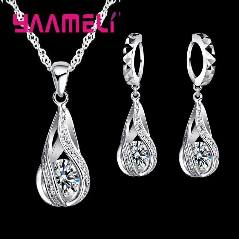 Top Trends: Hot Water Drop CZ 925 Sterling Silver Jewelry Set For Women Pendant Necklace Hoop Earrings Wedding Party Ceremoey Anel Shoppable Styles