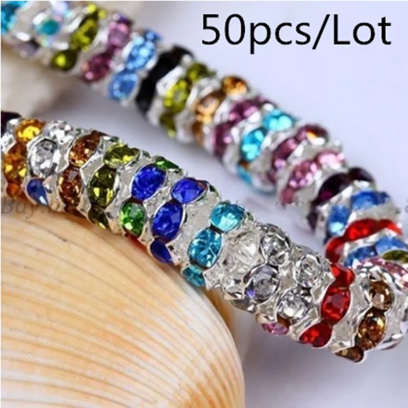 Top Trends: Wholesale 50pcs 6MM Metal Silver Plated Crystal Rhinestone Rondelle Spacer Beads 13 Colors For Choose DIY Shoppable Styles