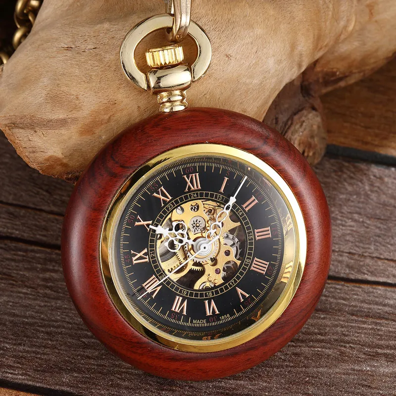 Top Trends: Vintage Wood Case Mechanical Pocket Watch Roman Numerals Dial Hand Wind Men Skeleton Watch With FOB Chain Pendant For Man Ladies Shoppable Styles