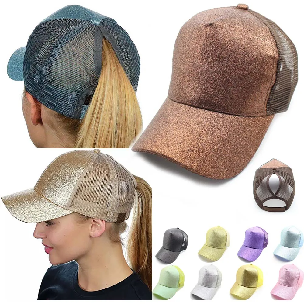 Top Trends: Glitter Ponytail Mesh Hat Men Women Baseball Cap Adjustable Female Sequins Shine Sport Dancing Summer Sun Bun Caps Outdoor Hats Shoppable Styles