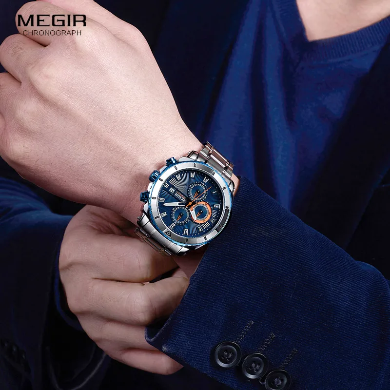 Top Trends: MEGIR Men's Blue Dial Chronograph Quartz Watches Fashion Stainless Steel Analogue Wristwatches For Man Luminous Hands 2075G-2 Shoppable Styles - Image 3