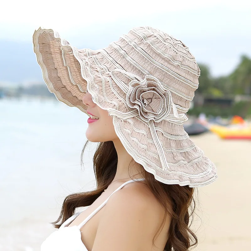 Top Trends: HT1676 2018 New Fashion Women Hat Korea Style Flower Packable Large Wide Brim Hat Anti-UV Adjustable Ladies Floppy Beach Sun Hat Shoppable Styles