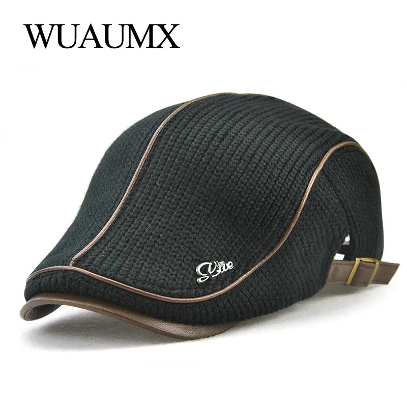 Top Trends: Wuaumx Autumn Winter Crochet Beret Buckle Hats For Men Beret Cap Women Military Visors Thicken Wool Warmer Knitted Cap Casquette Shoppable Styles