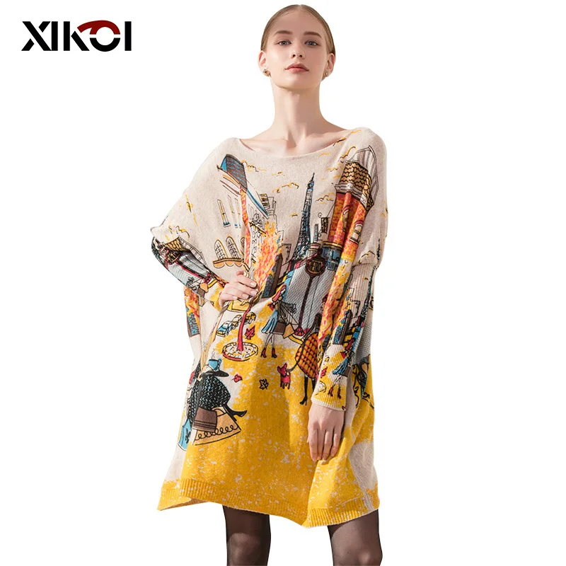 Top Trends: XIKOI Women New Knitted Oversized Sweaters Dress Novel Elegant Ladies Print Winter Warm Long Pullovers Loose Clothing Pull Femme Shoppable Styles